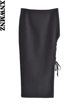 XNWMNZ 2021 za lace-up ceruza szoknya, női Divat, magas derék szerelt midi női szoknya Fekete szexi oldala hasított y2k szoknya ruha