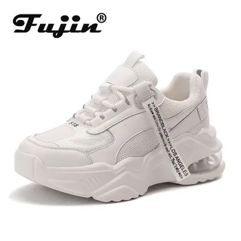Fujin 6cm Valódi Bőr Női Alkalmi Cipő, Platform Wedge Lélegző Cipők Vaskos Cipő Kényelmes, Divatos Cipők