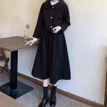 Japán Aranyos Őszi Gyapjú Meghatározott Egyszínű Fekete Egysoros Kabát + Magas Derék, Hosszú, Rakott Szoknya, Női Téli Vad Preppy Öltöny