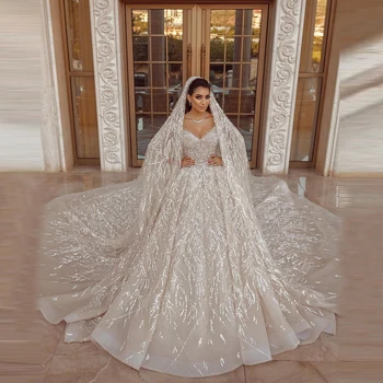 Luxus arab Pezsgő Esküvői Ruha estélyi Ruha Hosszú Ujjú Flitterekkel Gyöngyös Menyasszonyi Esküvői Ruhák Hosszú Vonat платье