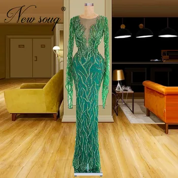 Nehéz Kézzel készített Zöld Hosszú Estélyi Ruhák 2022 Coutures Dubai Gyöngyös Hivatalos Estélyi Ruhák Luxus Celeb Party Ruhák платье