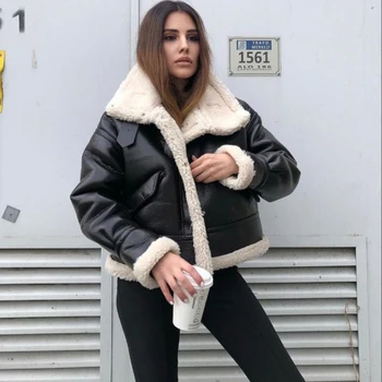 XIKOM 2021 Téli Fekete Női Bőr Kabát Szőrme Gallér Zsebbel Női Kabát Streetwear Meleg Túlméretezett Kabátok Cipzár