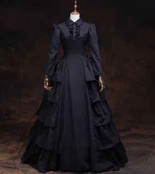 A Klasszikus Fekete Gothic Lolita Ruha Viktoriánus Többrétegű, Hosszú Ruha Időszak Ruha Színházi Steampunk Ball Ruha Jelmez
