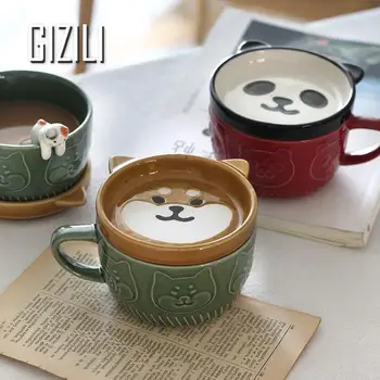 260Ml Rajzfilm Kerámia Bögre Aranyos Shiba Inu Panda Kávés Csésze Fedő Pár Csésze Víz Diák Reggeli Bögre Tej A Születésnapi Ajándék