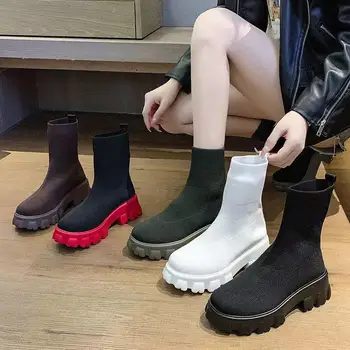 Szeretők, zokni, cipő női 2021 őszi-téli új vastag alsó alkalmi nagy méret nettó piros kötött boka csizma