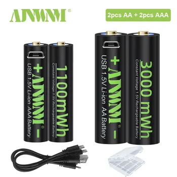 AJNWNM AA Elem 3000mWh 1,5 v-os USB-aa újratölthető Akkumulátor + AAA Elem 1100mWh 1,5 v AAA USB Újratölthető Akkumulátor USB-n keresztül