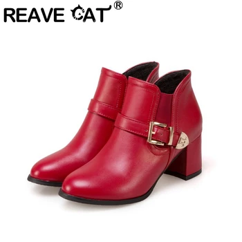KÉNYSZERÍTS CAT Női Cipő Piros Fehér Blokk Magas Sarkú Téli Párt Irodájában Hölgy Kerek Toe Slip-Retro Ruha Csat Boka Csizma