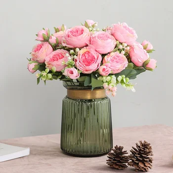 Gyönyörű Rózsa, Bazsarózsa Mesterséges Selyem Virágok Kis Csokor Fehér Vázák, a Haza Párt Téli Esküvői Dekoráció Olcsó Hamis Növény