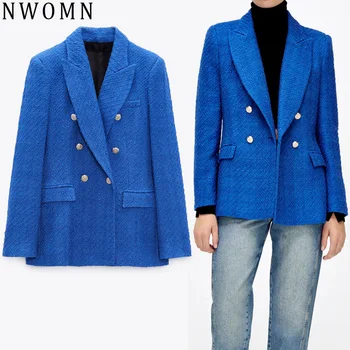 Za 2021 Kék Blézer Nők Dupla Soros Tweed Kabát Nő Hosszú Ujjú Elegáns Női Blézer Divat Mintás Blézer Iroda