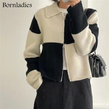Bornladies Őszi Téli Vintage Nők Szín, kontraszt, Pulóver, Kardigán koreai Laza Kockás Blúz Túlméretezett Kötött Kabát Kabát