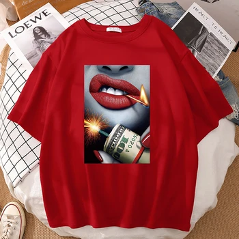 Vörös Ajkak Megegyezik a Pénz Nyomtatás Férfi Póló Lélegző Vintage Tshirt Túlméretezett Puha Ruhát Sleeve Pamut Póló Női