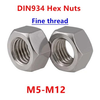 DIN934 Szép Szál Hatszög Nuts hatlapú 304 Rozsdamentes acél A2 M5*0.5, M6*0.75, M8*0.75/1.0, M10*1.0/1.25, M12*1.0/1.25/1.5