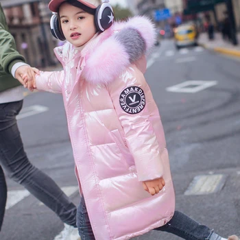 Télen nagyon Aranyos Kislány Kabát Hosszú Girl4-15 Éves Gyermekek Fényes Arcát, Ruhát a Prémes Gallér Meleg Télikabát Vastag Kapucnis Kabát