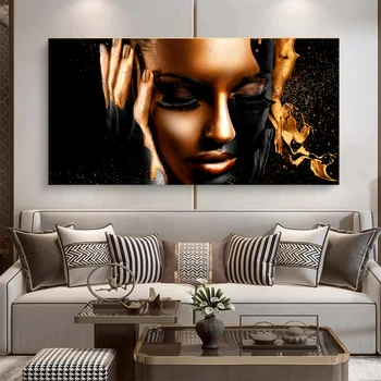 Modern Művészeti Black Gold Nude Afrikai Nő, olajfestmény, Vászon Poszterek, Nyomatok, Nagy Méretű Fali Képek lakberendezés