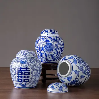 Kék-Fehér Porcelán Üveg Fedéllel Kínai Váza Virágot Tornácon Dekoráció Kerámia Dísz Tároló Edény