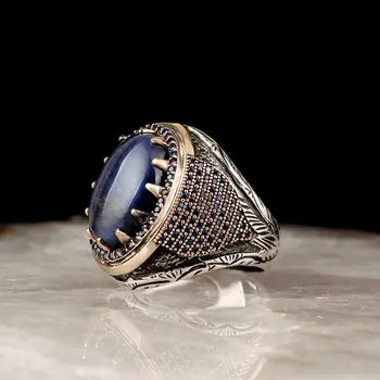Blue Tiger 'S Eye Drágakő Toll Feldolgozása 925 Sterling Ezüst Gyűrű