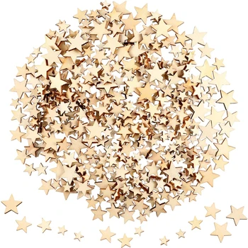 100-500 Mini Fa Csillagok Szelet Vegyes Méretű Fa Csillagos Dekoráció Fa Csillag Alakú Címkék Karácsonyi lakodalom DIY Kézműves