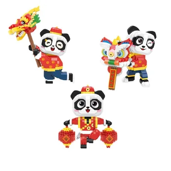 Új Év Panda Micro építőkövei a Kínai Hagyományos Kultúra Sárkány Lion Tánc 3D-s Modell a Mini Tégla Számok Játék Gyerekeknek