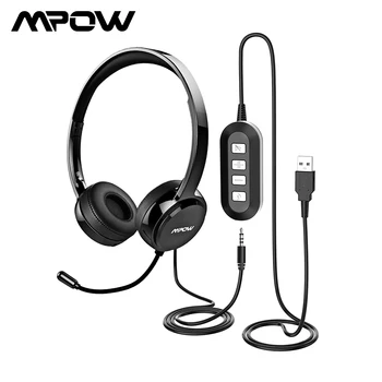 Mpow zajszűrő Fülhallgató Kristálytiszta Hangzást Mic&In-line Control Vezetékes Fejhallgató, USB/AUX Kábel Call Center