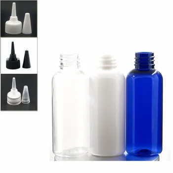 50ml üres kerek Műanyag Palackok, kék/fehér/tiszta PET palack fehér/átlátszó/fekete csavar-nyitva dispensiplastic üveg x5