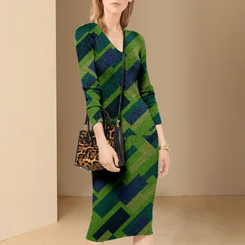 Egyetlen Plusz Új francia Elegáns, V-nyakú, Kötött Ruha Őszi-Téli Női Hosszú ujjú Slim Ruhák Zöld Streetwear Vestidos