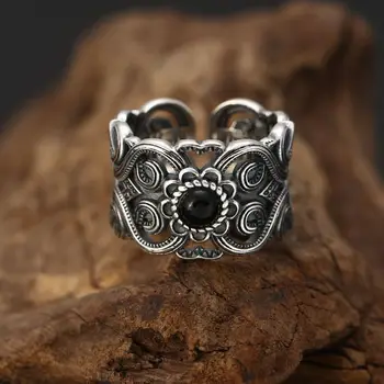 Eredeti üres minta nyitott gyűrű tervező kézműves Fekete Achát Kő elegáns varázsa Thai ezüst női ékszerek