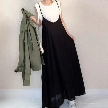 nyáron Egy-Line spagetti pánt ruha fekete koreai, japán, új, egyszerű női vestiods köntös alkalmi elegáns női ruhák, oversize