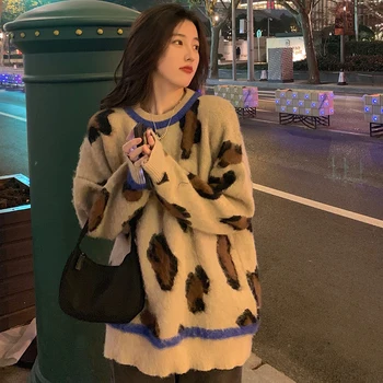 3Colors női kötött Pulóver Őszi-téli 2021 laza koreai stílus női Leopárd Pulóverek, meg pullovers női (C8200)