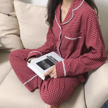 QWEEK koreai Hálóruházat Kockás Pizsama Szett Nők Vintage Pizsama Femme Csipke Pijamas Hosszú Ujjú Hálóruha Őszi 2021 Loungewear Pj