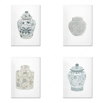 Teal Gyömbér Jar-Art-4 darabos készlet-Kék-fehér Kínai stílusú váza-Akadémiai wall art-Hagyományos Ázsiai váza ujjlenyomat-de Chinoiserie