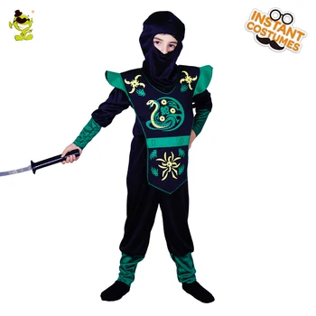 Gyerek Fekete Csuklyás Ninja Jelmez Zöld Kígyó Nyomtatott Ruhák Cosplay Fancy Dress Up Halloween Party a Fiúk
