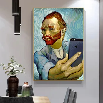 Vicces Művészet az Emberek Önarckép Telefonon Vászon Festmény, Absztrakt Portré Van Gogh Poszter Nyomtatás Fali Kép az Otthoni Dekoráció