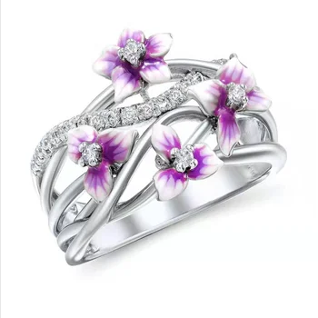 Romantikus Lila Virágok Zománc Gyűrű A Nők, Buli, Esküvő, Eljegyzés, Famale Gyűrű Ékszer Kézzel Tartozékok Méret 6-10