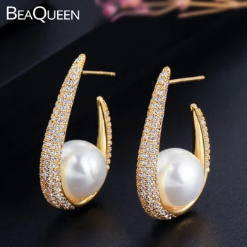 BeaQueen Lenyűgöző Sárga Arany Színű Mikro Burkolt Köbméter Cirkon Nagy Fehér Gyöngy Fülbevaló Nyilatkozat Ékszerek a Nők E273