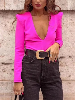 ZXQJ Nők Rózsaszín Bodysuits 2021 Őszi Divat Női Vékony, V Nyakú Hosszú Ujjú Vissza Cipzár Streetwear Felsők Női Body Solid