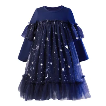 2021 Lányok Dress koreai Őszi Kék Kötött Hosszú Ujjú gyerek Ruha Csillag Flitterekkel Háló Hercegnő ruha