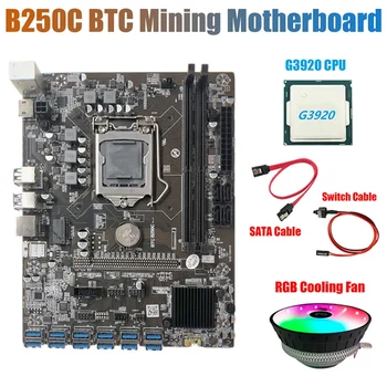 FORRÓ-B250C Bányászati Alaplap RGB Ventilátor+G3920 vagy G3930 CPU CPU+SATA Kábel+Kapcsoló Kábel 12 PCIE, hogy USB3.0 GPU Slot LGA1151 Supp