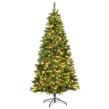 5Ft/6Ft/7 láb Előre világít Csuklós PE Mesterséges karácsonyfa w/ LED Világítás & fenyőtoboz