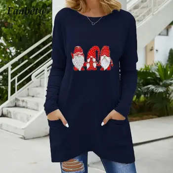 Új Karácsonyi Kalap Minta Nyomtatás Alkalmi Póló Retro Nők O-Nyak, Laza Zsebében Maximum Pulóver Divat Napi Hosszú Ujjú T-Shirt