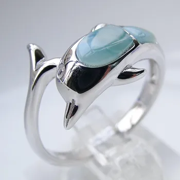 100% 925 Sterling Ezüst Tengeri Állat Gyűjtemény Természetes Larimar Delfin Gyűrű Ajándék