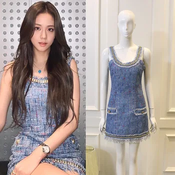 Kpop koreai Sztár új Temperamentum Kék Ujjatlan tweed ruha lánc nők Streetwear szexi, karcsú derék, Pántos Mini ruhák