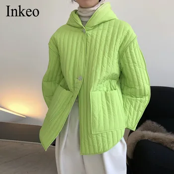 High street Meleg steppelt Puffer Női Téli kabát Divat Fluoreszkáló zöld Női Nagyméretű Bélelt Kabát Outwear INKEO 9O121