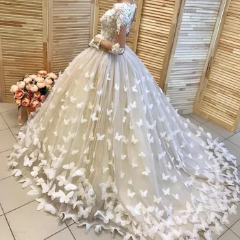 Esküvői Ruhák Dubai Pillangó Appliqués Menyasszonyi Ruha, Fehér, Hosszú Ujjú Menyasszonyi Ruhák Nő vestido de noiva személyre szabott