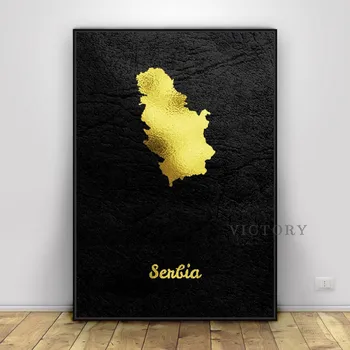 Arany Térkép Szerbia Vászon Fekete Arany Wall Art Print Modern Plakát Falon Képek Nappali Dekor