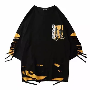 A Hip-Hop, Kreatív Pólók Férfi Nő 2021 Nyári Japán Stílusú Lyuk pólók Streetwear Pár Felsők Pólók Férfi Fekete