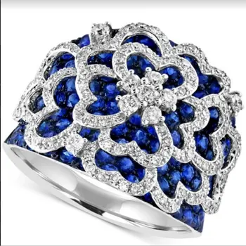 UFOORO Royal Kék Cirkon Virág Szerető Szív Gyűrű, Ékszerek, Új Divat Fehér Arany Esküvői Zenekar a Nők Szerelmi Ajándék