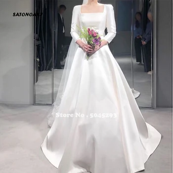 Egyszerű Fehér, Ivory Esküvői Ruha 2021 Női háromnegyedes Ujjú Tér Gallér Menyasszonyi Ruhák Vestido De Novia Köntös Mariage