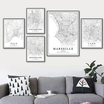 Franciaország Párizs City Térkép Lyon-Marseille-Montpellier, Strasbourgban, Toulouse Lautrec Poszter Vászon Nyomtat Otthon Belső DecorationBlack