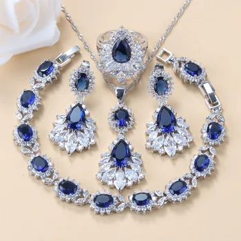 Szép Ékszer Szett 925 Ezüst Esküvői Kék Cirkónia Jelmez Fülbevaló Nyaklánc Gyűrű Karkötő Női Ajándék Szett