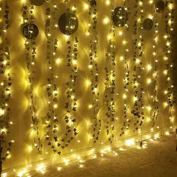 20 Led Tündér String Függöny Lámpák Mesterséges Levelek Borostyán Levél Esküvői Party Dekor akkumulátor Karácsonyi Koszorú Lámpa